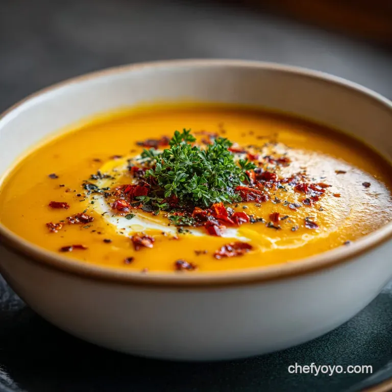 Smooth butternut squash soup poured into a porcelain bowl, topped with vibrant green herbs and a swirl of contrasting cream.