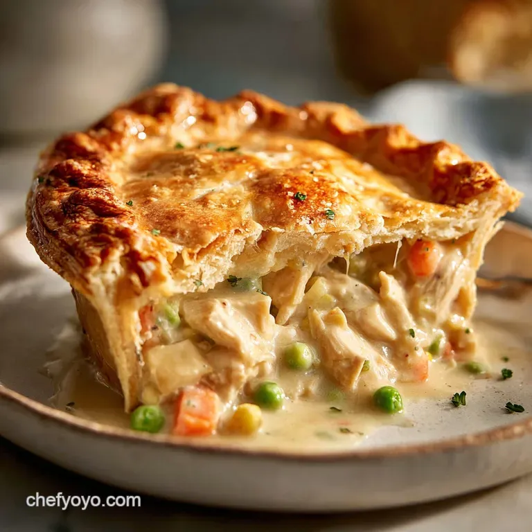 A slice of rich chicken pot pie with a crisp, golden crust served on a rustic plate, garnished with fresh parsley.