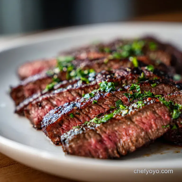 Perfectly charred skirt steak slices fanned across a white plate. Bright green chimichurri adds freshness and visual appeal.