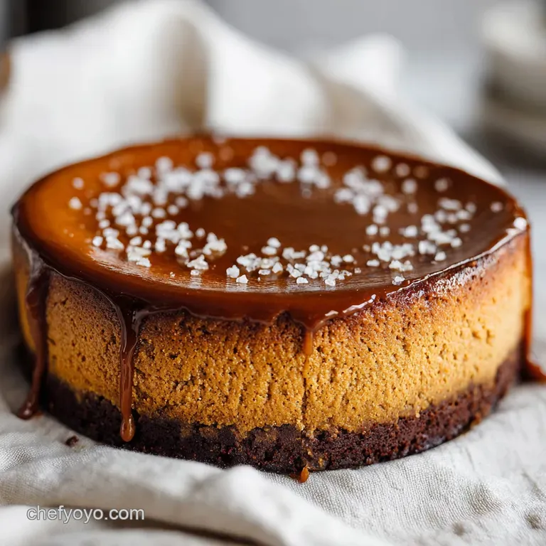 A slice of layered caramel brownie cheesecake with glistening caramel drizzle, artfully plated with whipped cream rosettes.