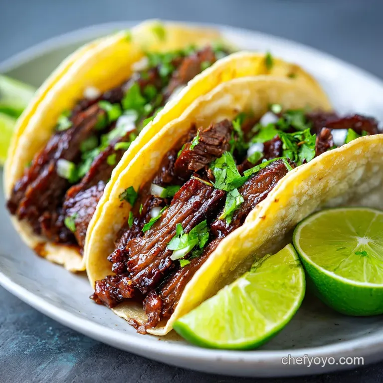 Stacked carne asada tacos show juicy marinated steak, bright cilantro, onion and lime. Charred bits add texture.