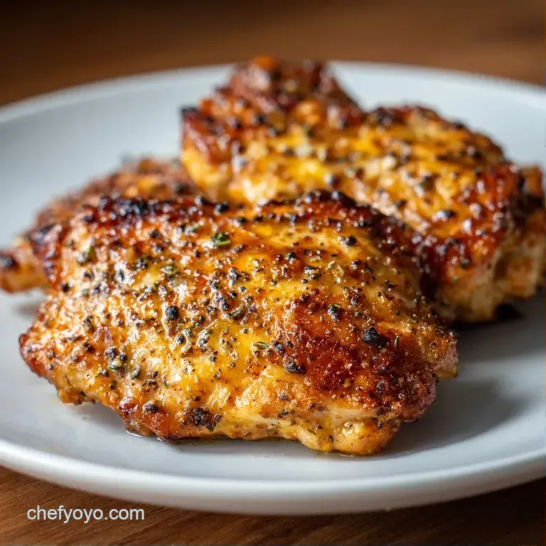 Seared chicken thighs served on a white ceramic plate with bright green parsley and a drizzle of rich pan juices.