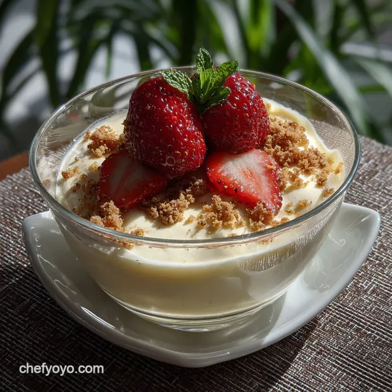 Fluffy champagne mousse served in a stemmed glass, garnished with fresh berries and a sprig of mint. A refined, celebrator...
