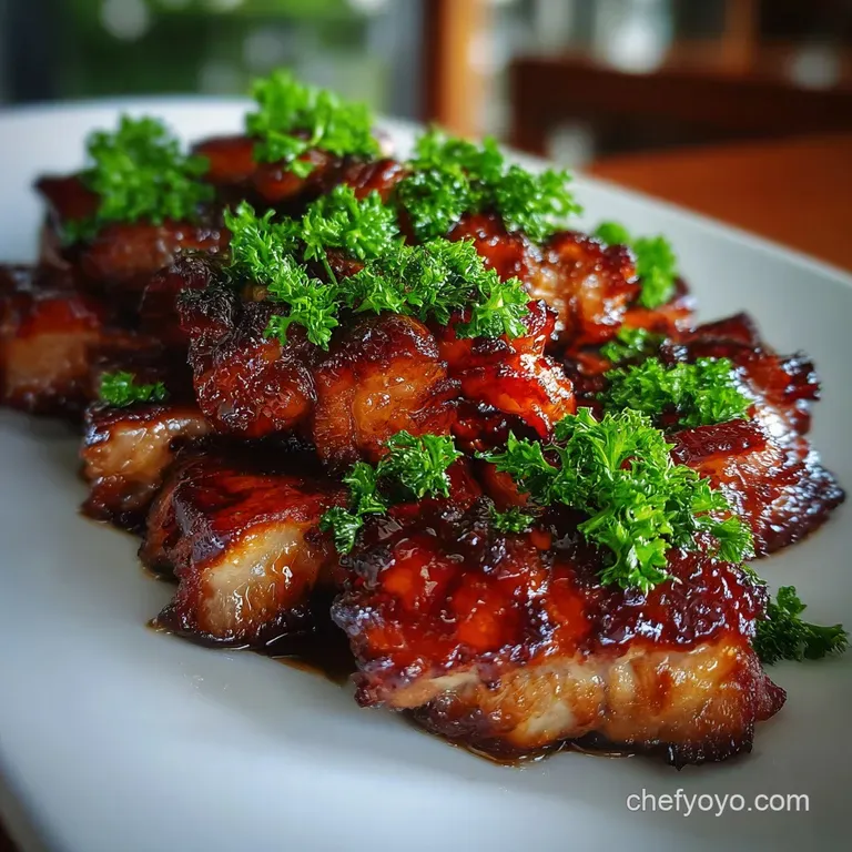 A vibrant plate of glazed char siu chicken, garnished with scallions, sesame seeds, and a side of fluffy white rice.