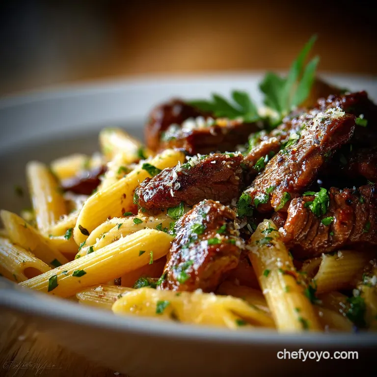 The Great British Bake Cheesy Penne with Garlic Butter Ground Beef presentation