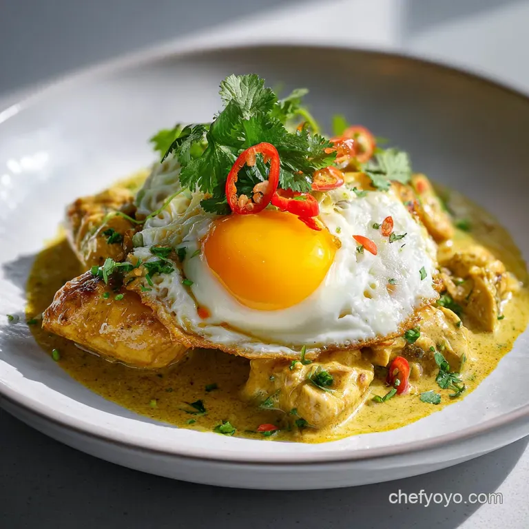 Creamy, pale yellow sauce coats tender chicken pieces. Garnished with vibrant green scallions, creating an elegant plated ...