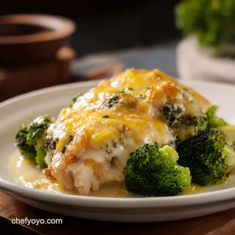 A generous scoop of creamy chicken and broccoli topped with melted cheese, served on a ceramic plate with a side salad.