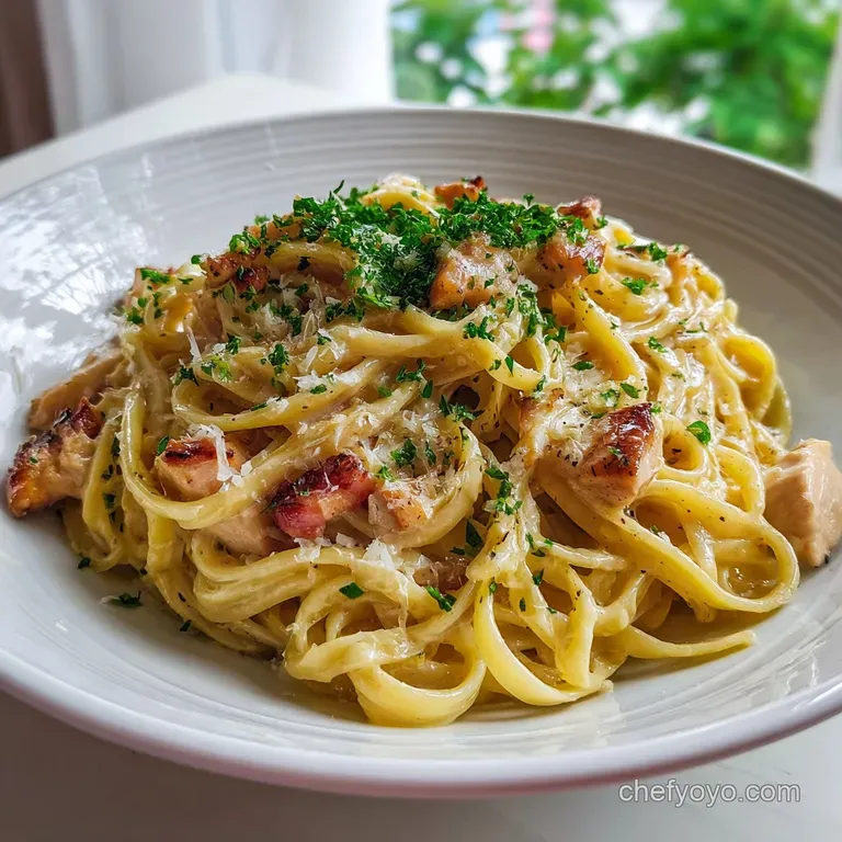 A perfectly twirled nest of carbonara on a white plate, speckled with black pepper. Yolk glistens atop; herbs add fresh co...
