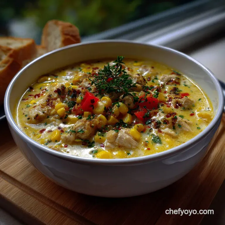 Elegant white bowl of chicken corn chowder, speckled with herbs. Creamy base contrasted by bright yellow corn and dark gre...