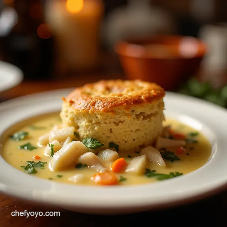 The Great British Comfort Ultimate Deconstructed Chicken Pot Pie Soup with Flaky Herb Biscuits presentation