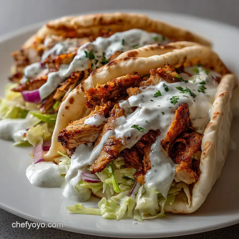 Perfectly stacked chicken shawarma on a plate, the creamy garlic sauce glistening, next to vibrant pickled vegetables and ...