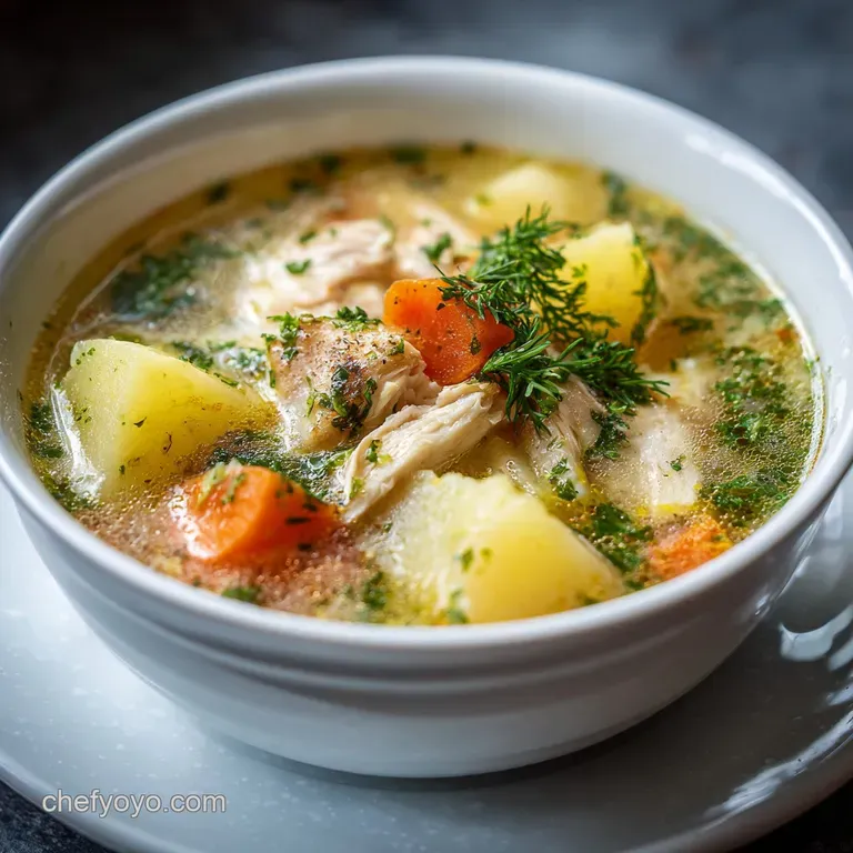 Chicken soup in a rustic bowl with a sprig of thyme. The creamy broth shows tender chicken pieces and soft potato cubes.