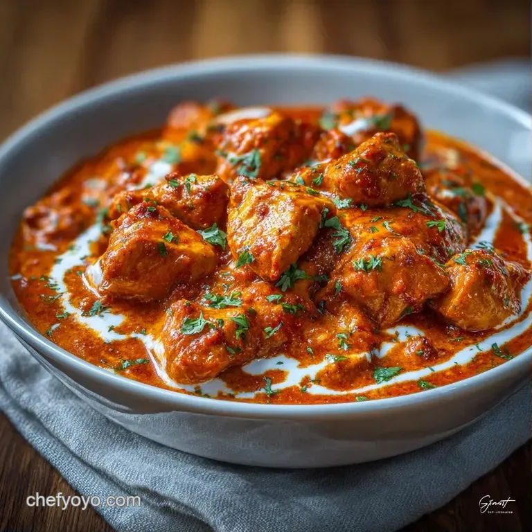 Vibrant orange curry served in a copper bowl with a swirl of white cream and fluffy basmati rice on the side.