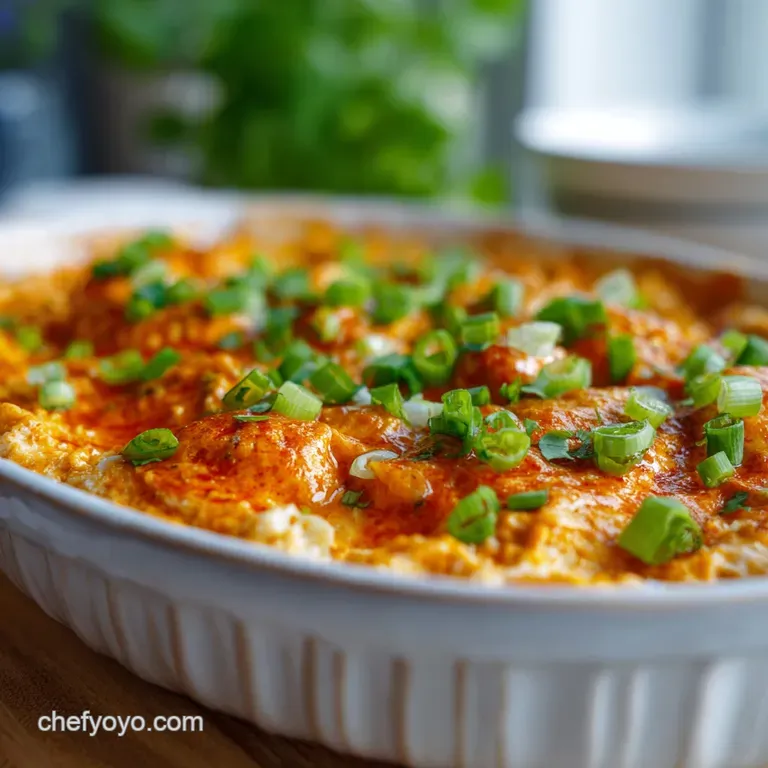 Creamy, pale orange chicken wing dip in a white bowl, garnished with fresh herbs and served with crunchy celery sticks.