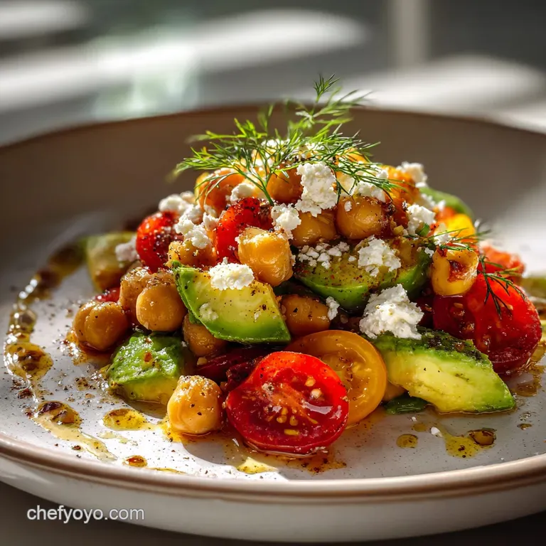 Chickpea salad elegantly plated: crumbled feta, ripe avocado slices, and a drizzle of olive oil over a bed of greens.