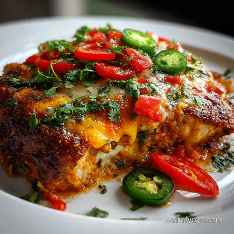 Creamy, cheesy slice of chile relleno casserole on a plate, speckled with green chiles. Garnished with fresh cilantro for ...