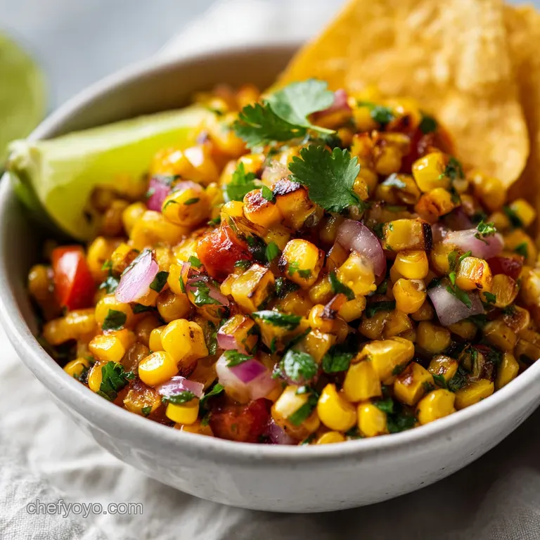 A colorful mound of fresh corn salsa served in a small white bowl, garnished with a lime wedge.