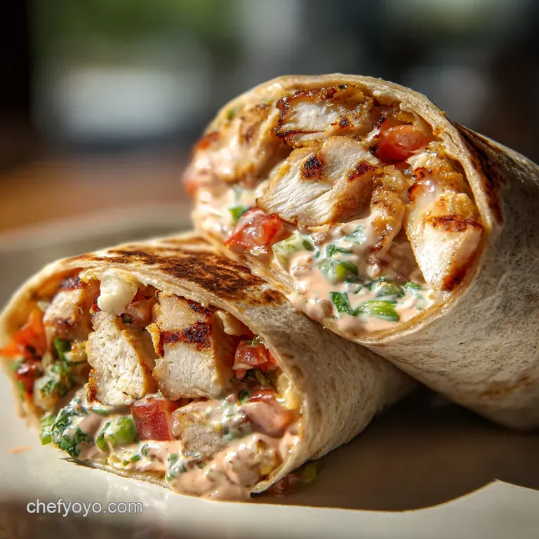 Chipotle chicken burrito halved, presented on a rustic plate. Colorful salsa and sliced avocado garnish the dish.