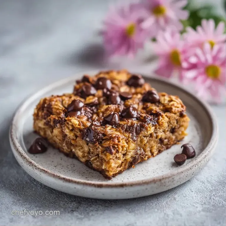 Square slice of toasted oatmeal cake on a white plate, garnished with fresh red berries and a drizzle of syrup.