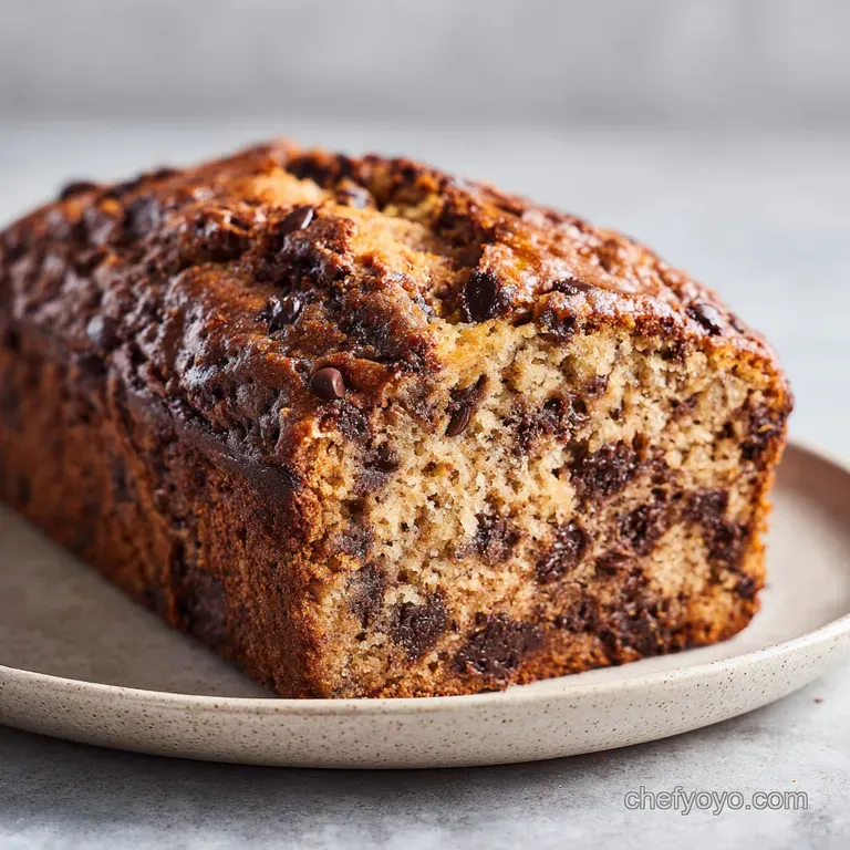 A rustic slice of banana bread, drizzled with caramel, garnished with fresh banana slices.