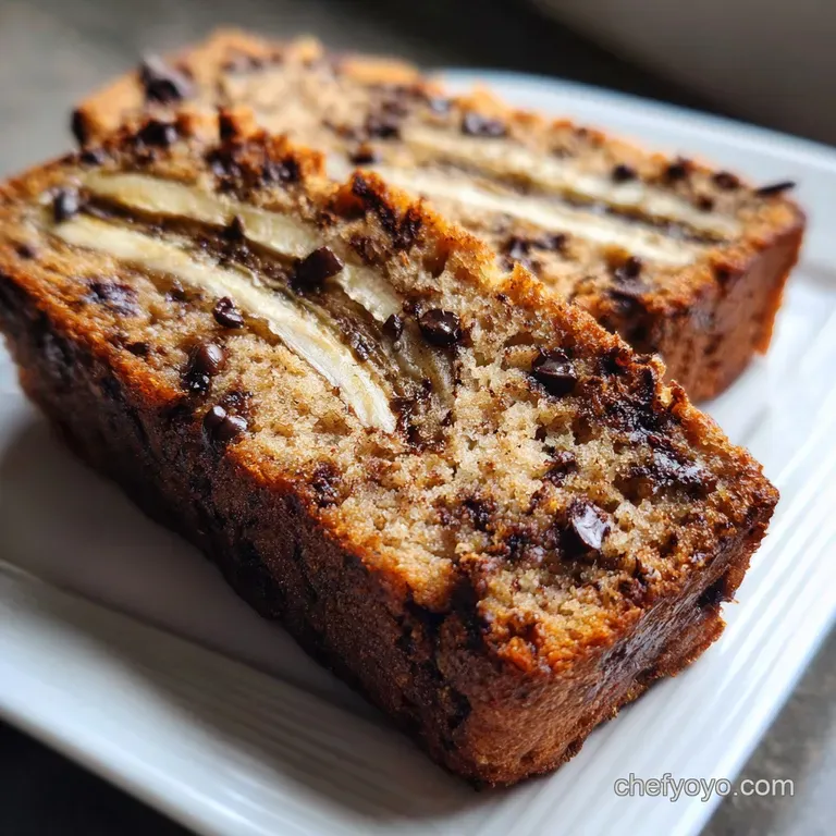 Elegant slice of golden banana baked good on white plate, drizzled chocolate, highlighting moist crumb & appealing dark ch...