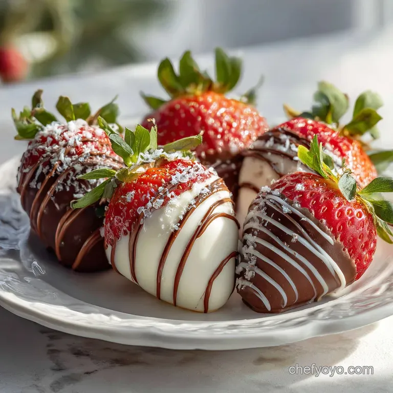 Elegant tower of chocolate-covered strawberries, gleaming under the light, arranged artfully on a white porcelain plate, i...