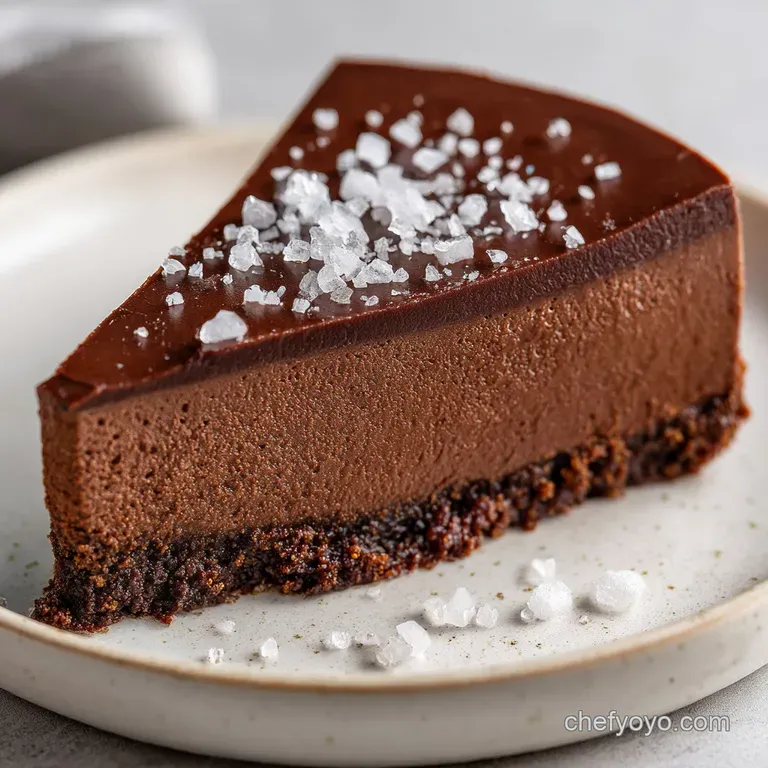 A smooth, deep cocoa dessert elegantly plated with a dusting of sea salt and a single fresh mint leaf on white.