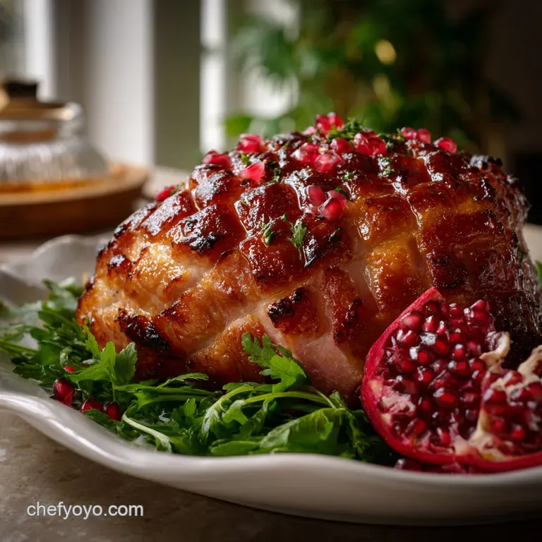A glossy, glazed ham slice resting on a plate, paired with vibrant green beans and golden roasted potatoes&mdash;a Christmas Eve...