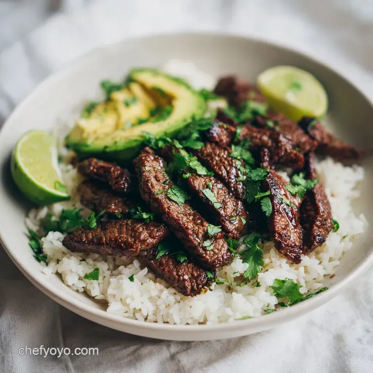 Vibrant bowl featuring charred steak strips, creamy avocado slices, and bright corn over a bed of zesty white rice.