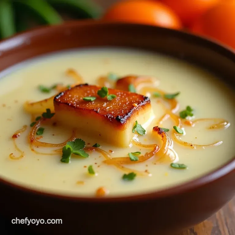 Classic French Onion Soup with Gruy&egrave;re Croutons presentation