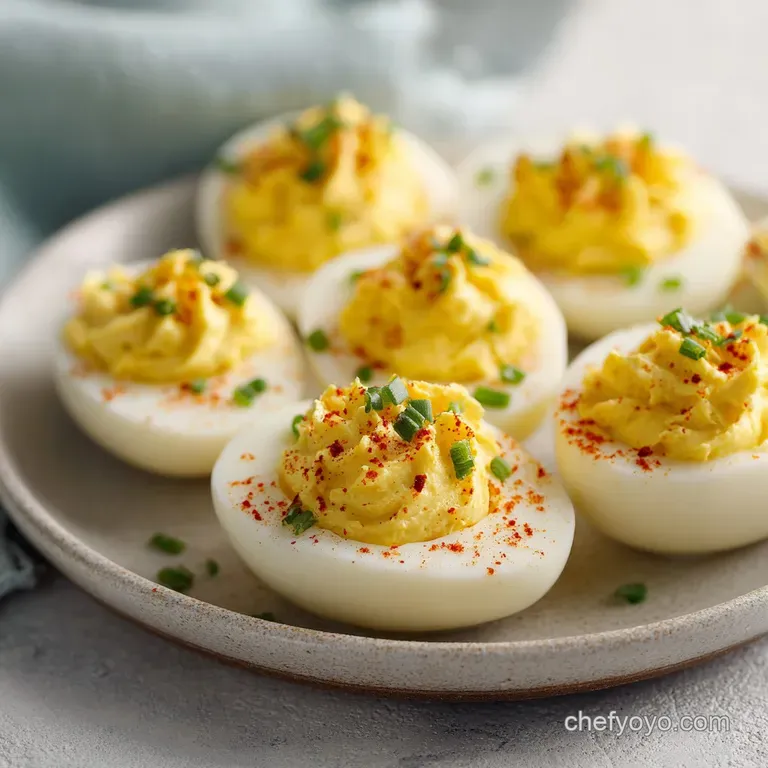 Elegantly arranged deviled eggs on a white plate, garnished with fresh parsley for a pop of green.