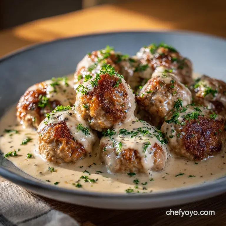 K&ouml;ttbullar Classic Silky Swedish Meatballs in a Rich Cream Sauce presentation