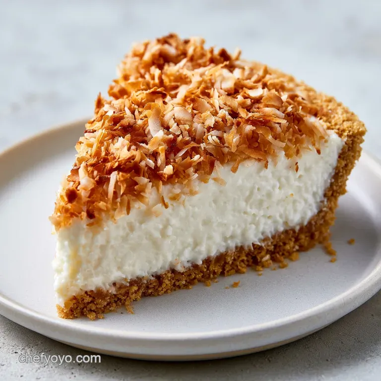 An elegant slice of creamy white pie on a ceramic plate, garnished with toasted coconut and a fresh mint leaf.