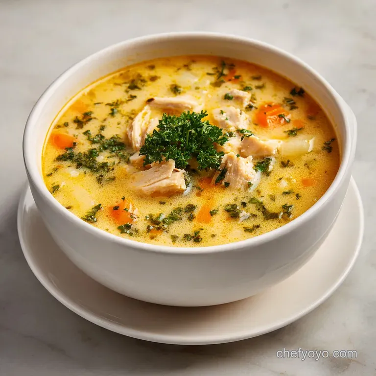 Creamy chicken potato soup, garnished with fresh parsley, in a white bowl atop a rustic wooden surface, steam rising.