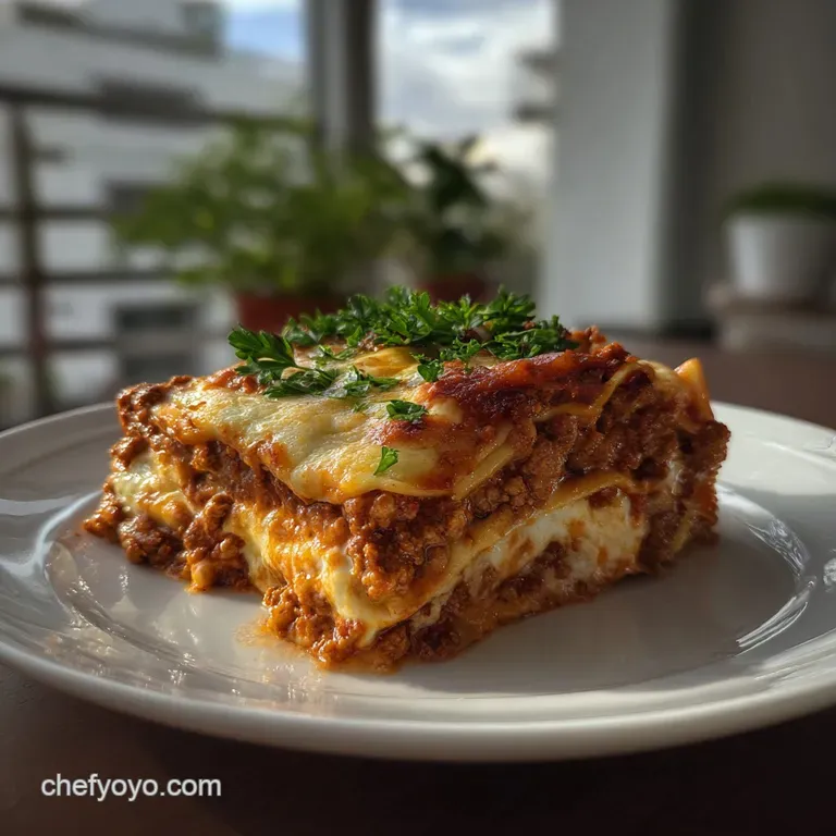 Layers of golden pasta, rich red sauce, and bubbling, browned cheese. Steam rises from a perfectly plated lasagna slice.