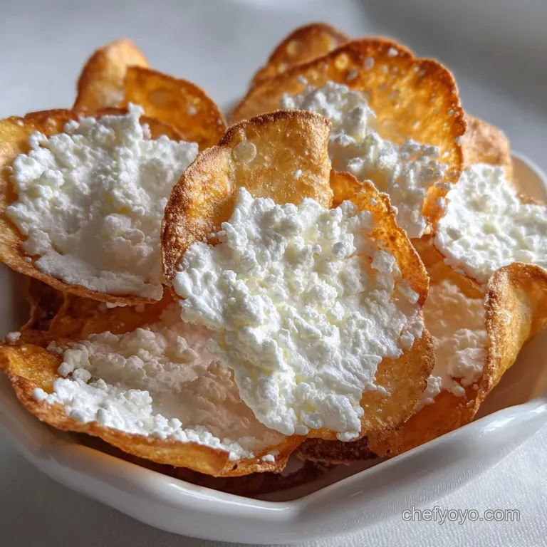 Pile of golden baked cottage cheese chips on a white plate, sprinkled with herbs, ready to be enjoyed.