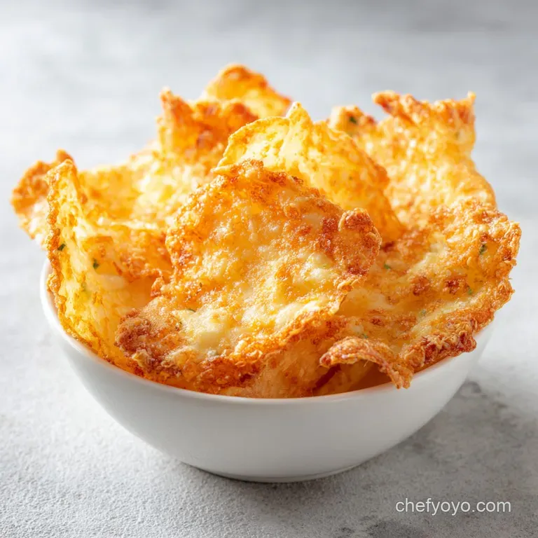 Neatly stacked, golden cottage cheese chips with fresh thyme sprigs, revealing bubbly texture and savory appeal.