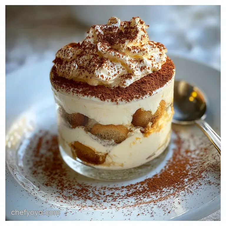 Elegant slice of tiramisu with visible layers of cream and cocoa, presented on a white plate with a fork. Light dusting of...
