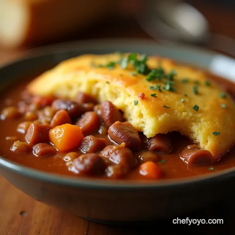 The Settlers Supper Unbeatable Crockpot Texas Cowboy Stew with Cornbread Topping presentation