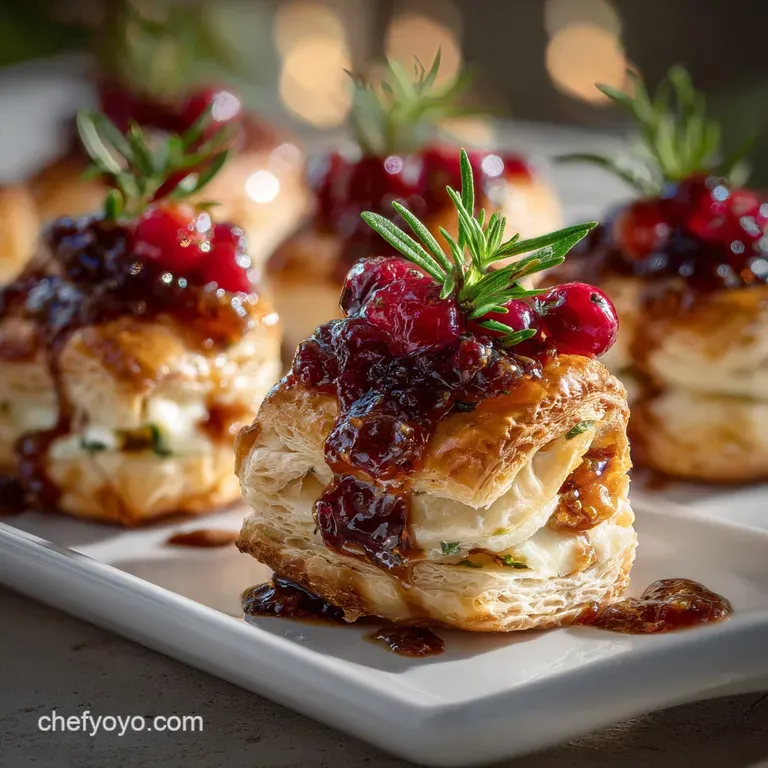 Warm brie and cranberry bites arranged artfully on a white plate, sprinkled with chopped pecans for added texture.