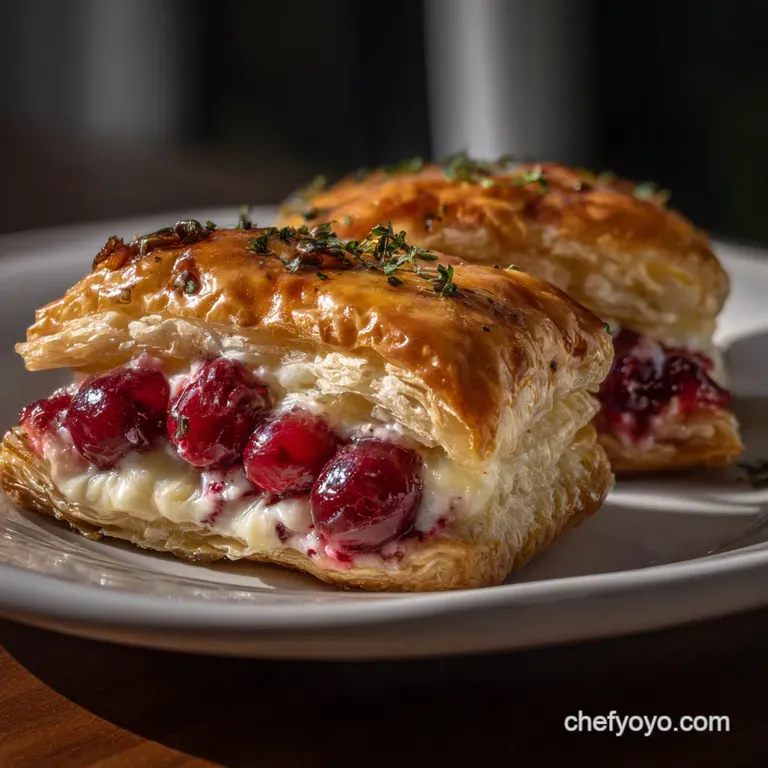 Elegant, individual portions of baked brie with cranberry compote, arranged on a pristine white plate. Warm cheese and bri...