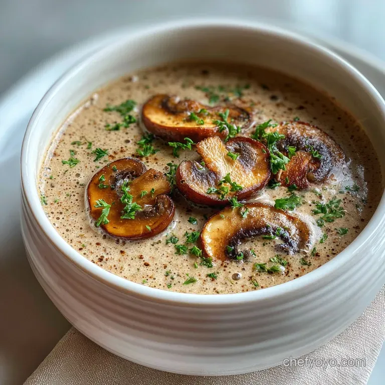 Elegant bowl of shimmering cream of mushroom soup, garnished with fresh thyme sprigs and a drizzle of olive oil. Inviting...