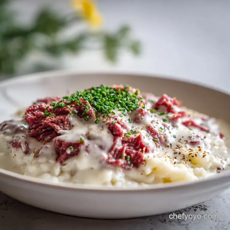Creamy chipped beef over toasted points on a white plate. Garnished with parsley, warm steam rises, rustic charm.
