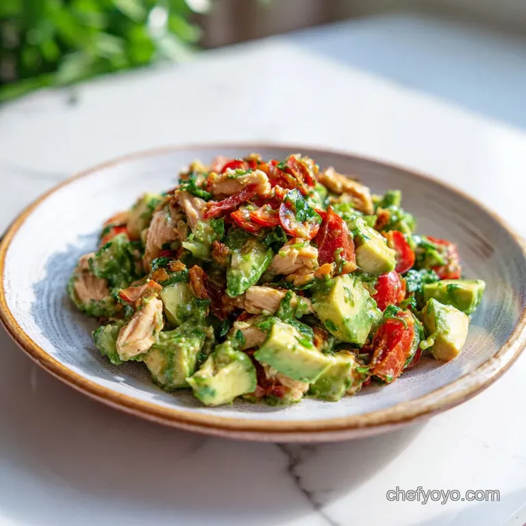 A vibrant mound of avocado chicken salad elegantly scooped onto a crisp lettuce leaf, with a sprinkle of paprika.