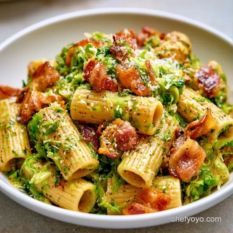 Al dente pasta swirled in a white bowl, topped with toasted sprouts, crispy bacon, and a sprinkle of fresh parsley.