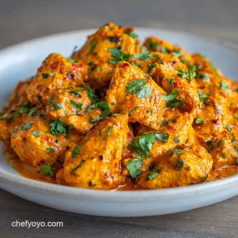 A white porcelain bowl of creamy orange curry served with fluffy basmati rice and charred, buttered naan bread.