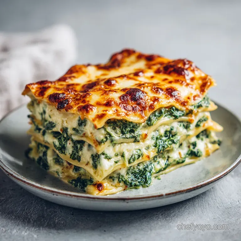 Slice of lasagna showing distinct layers of pasta, cheese, sauce, and meat. Garnished with fresh basil and a drizzle of ol...