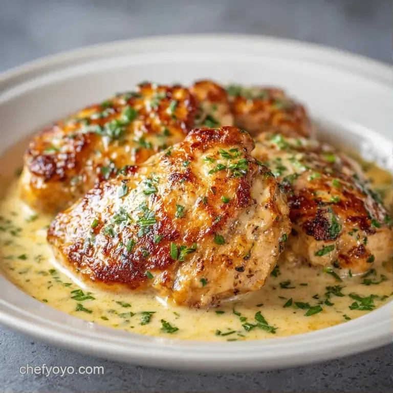 Pan-seared chicken thighs in a shallow white bowl, surrounded by a silky cream sauce and a sprig of fresh thyme.