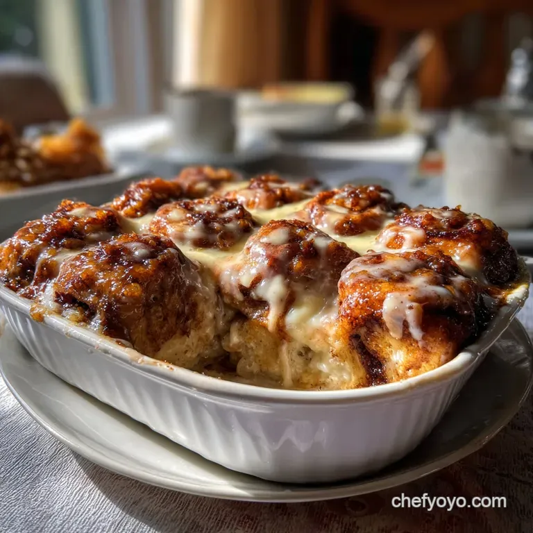 Individual portions of cinnamon roll casserole plated. The rich custard sauce pools around the fluffy, glazed rolls, a swe...