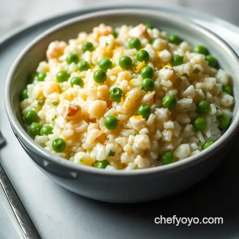 Creamy Fish Stock Risotto with Peas and Lemon Zest presentation